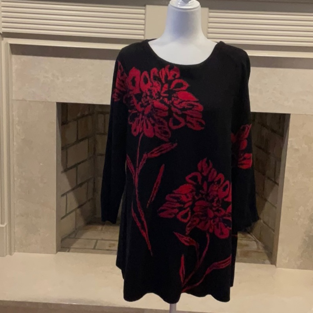 Black Tunic Sweater with Red Floral Design